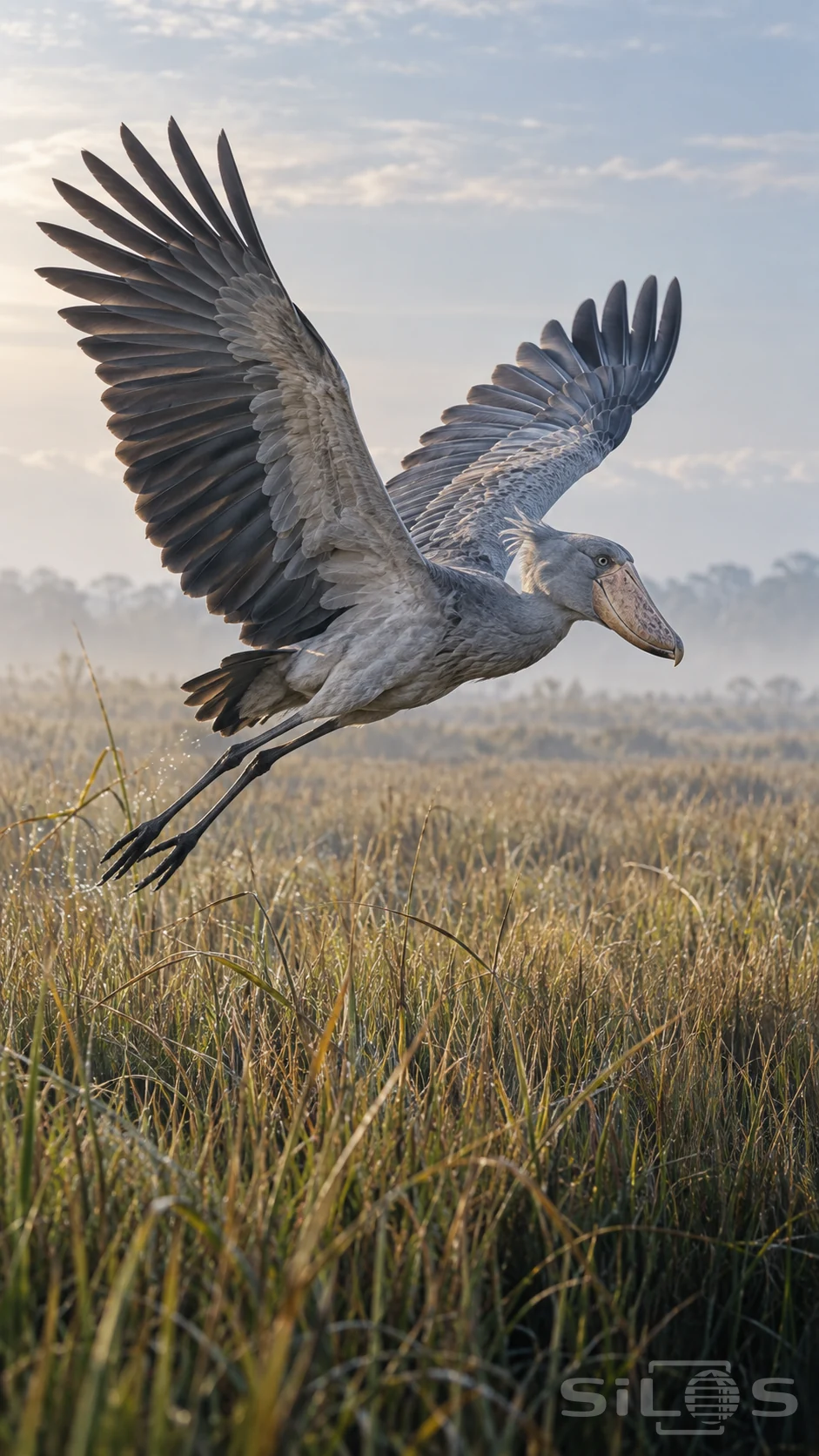 A shoebill flies low above tawny marsh grass with two gray wings raised, a broad tan bill and two long legs trailing behind.