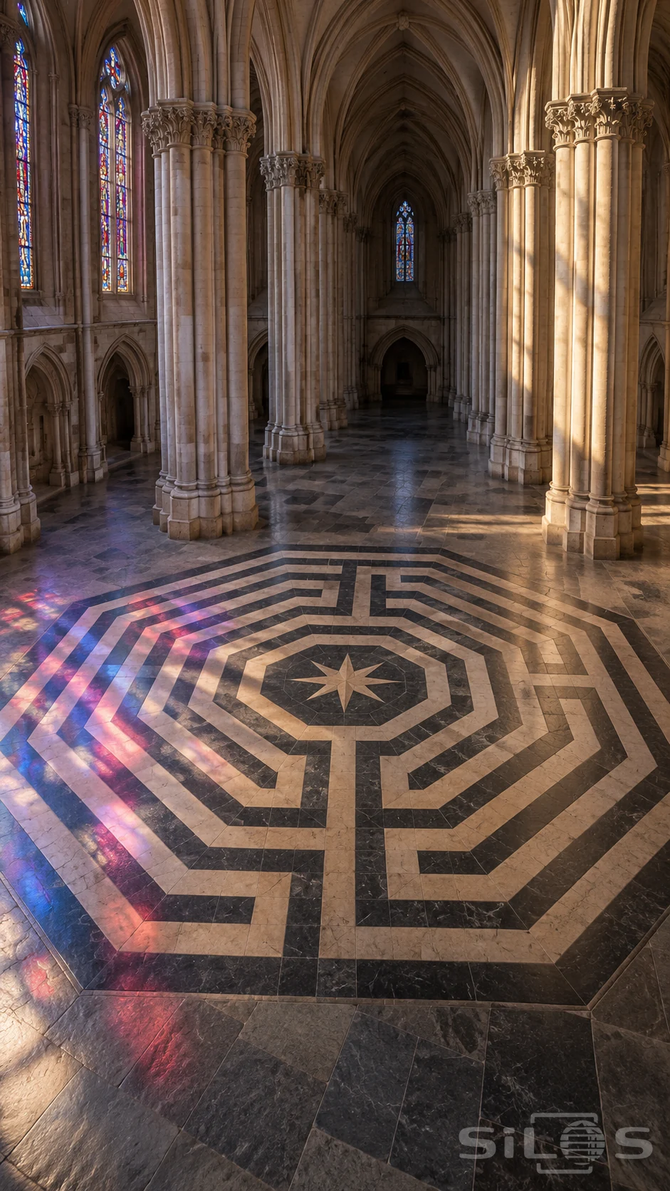 A stone labyrinth with a central star lies beneath clustered columns and pointed vaults crossed by colored window light.