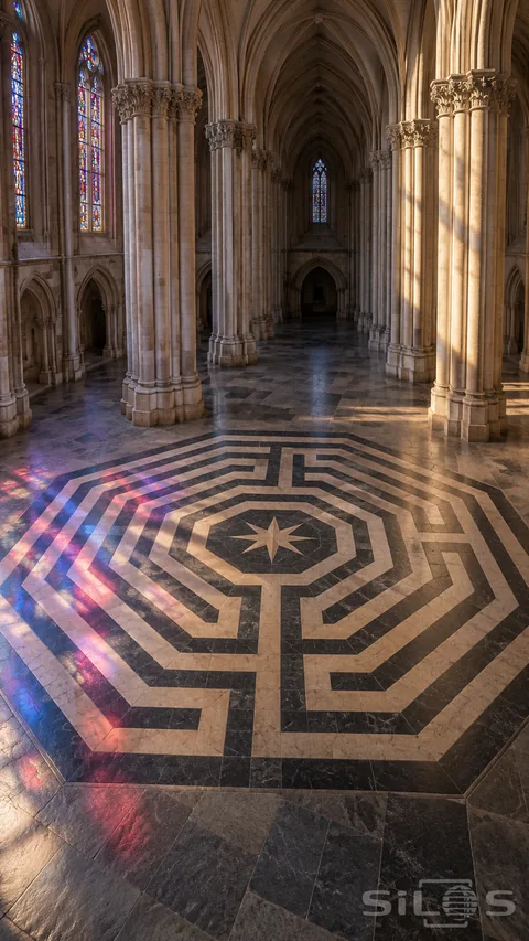 A stone labyrinth with a central star lies beneath clustered columns and pointed vaults crossed by colored window light.