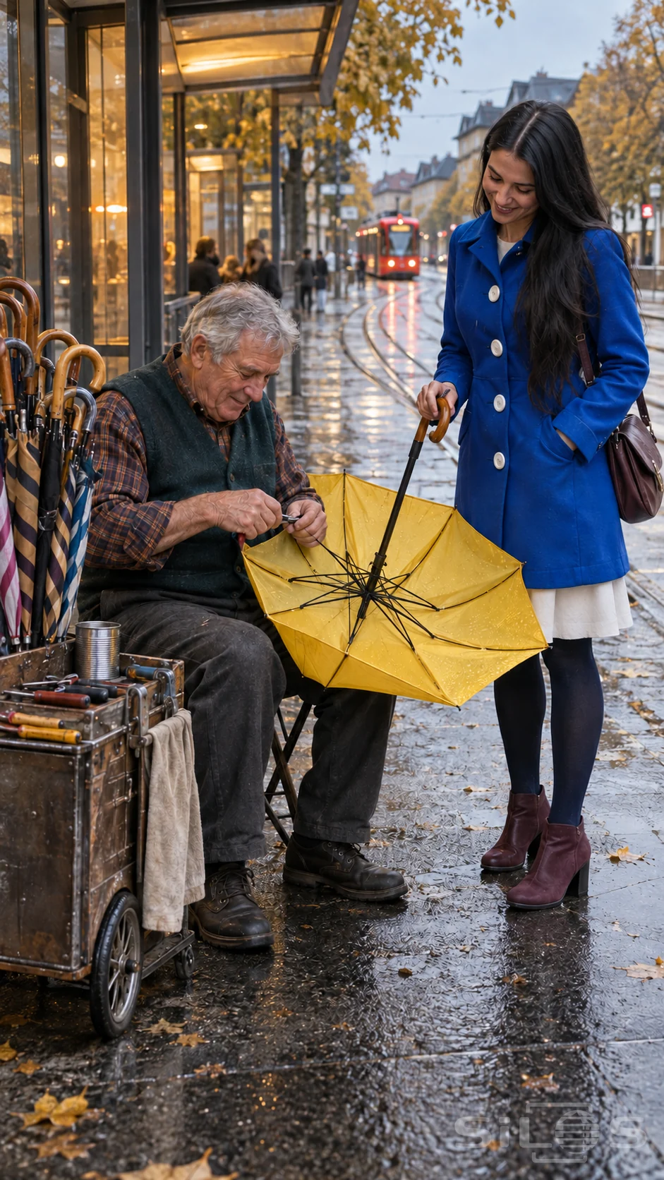 A craftsman performs an umbrella repair beside a tram stop while a woman in a cobalt coat holds the yellow umbrella.
