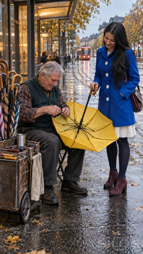 A craftsman performs an umbrella repair beside a tram stop while a woman in a cobalt coat holds the yellow umbrella.
