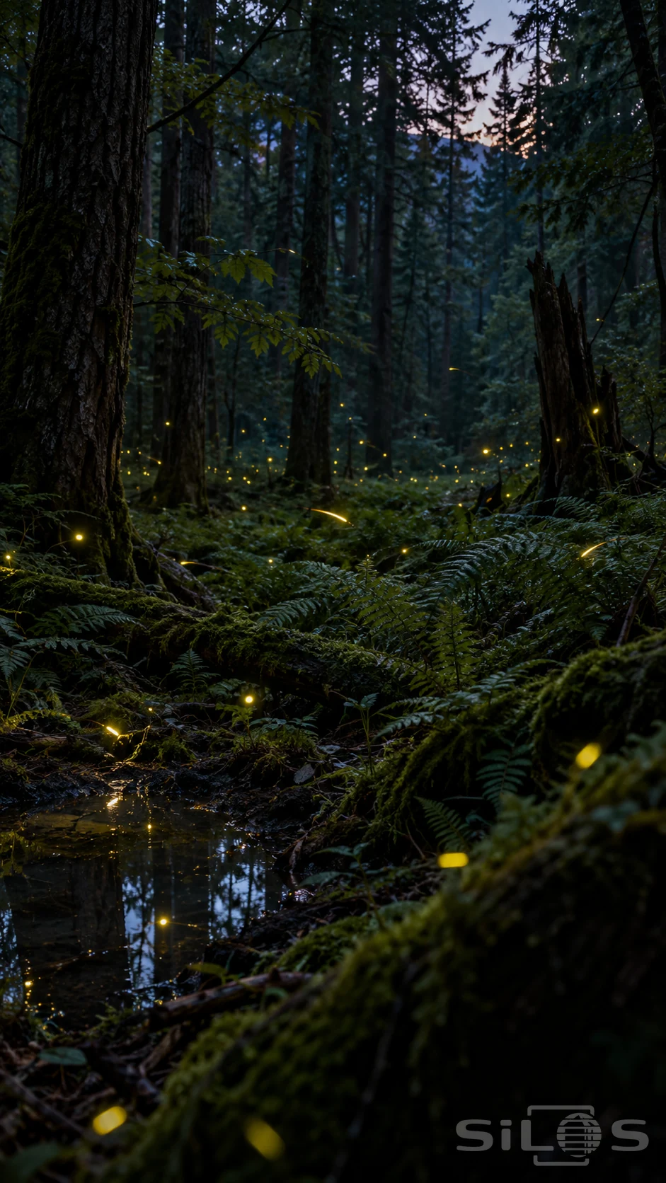 Fireflies leave small yellow points and short light trails among dark tree trunks, ferns and a forest puddle.