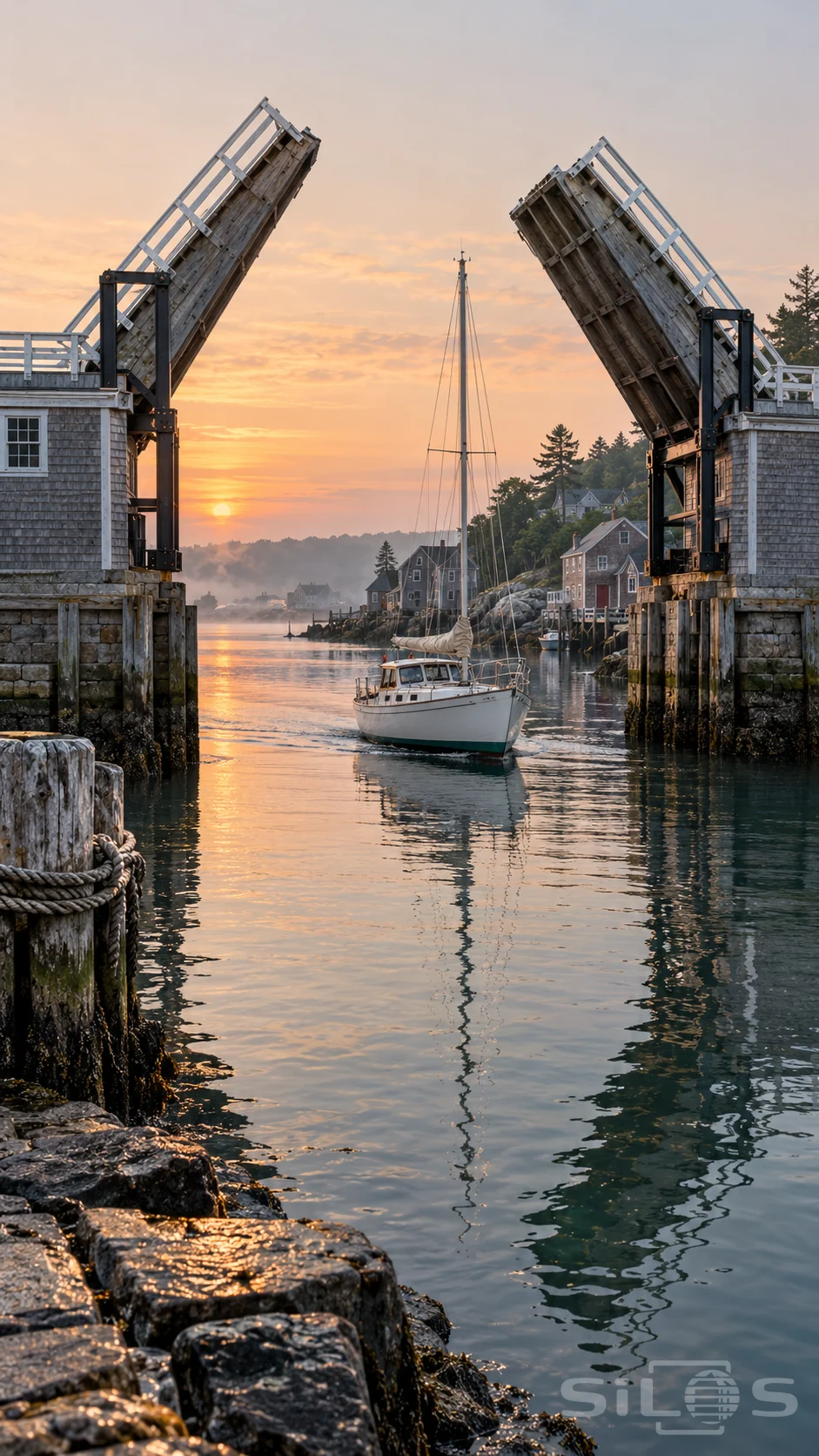 A bascule bridge holds two raised bridge leaves above a harbor sailboat between shingled piers in warm dawn light.