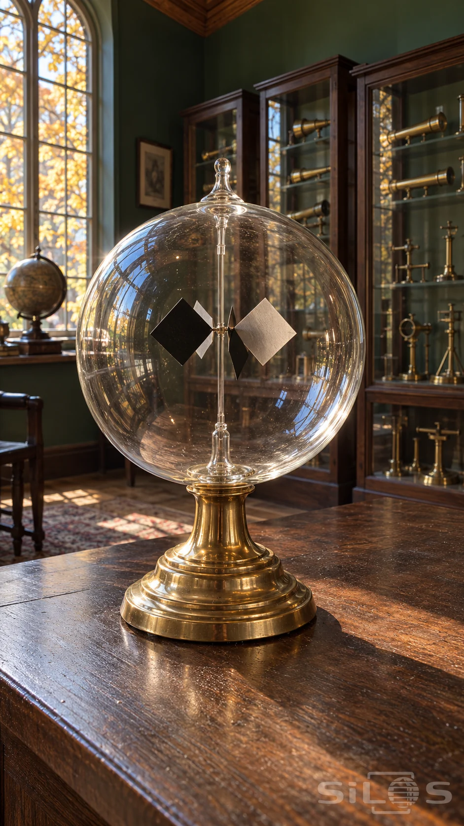 A clear spherical radiometer with black and pale vanes stands on a brass pedestal beside a sunlit window.