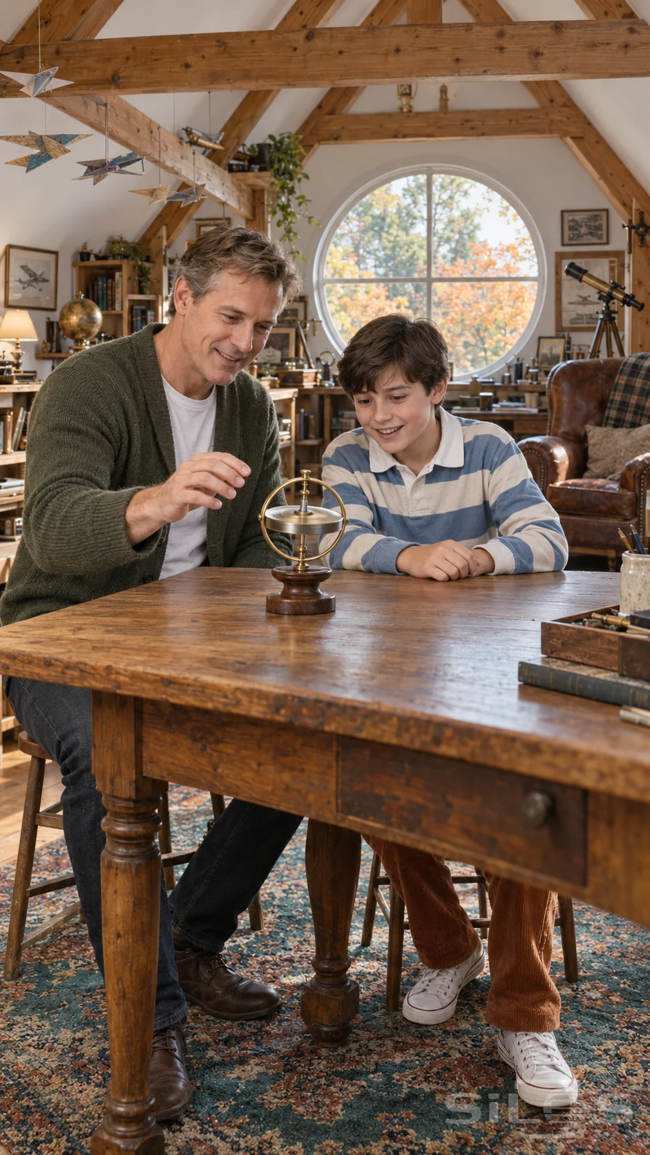 A father and son watch a toy gyroscope with a brass ring balance on a small stand at an attic table.
