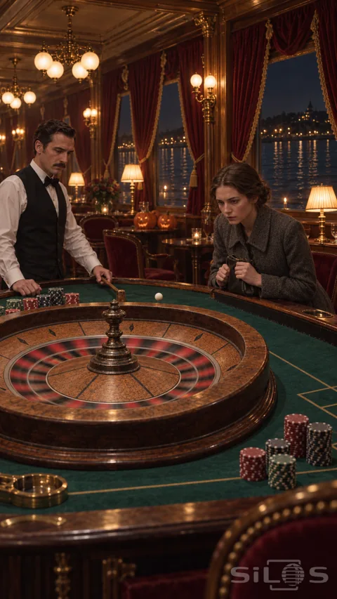 An ivory ball hangs above a turning wooden roulette wheel as a woman and croupier watch in a lamp-lit riverboat saloon