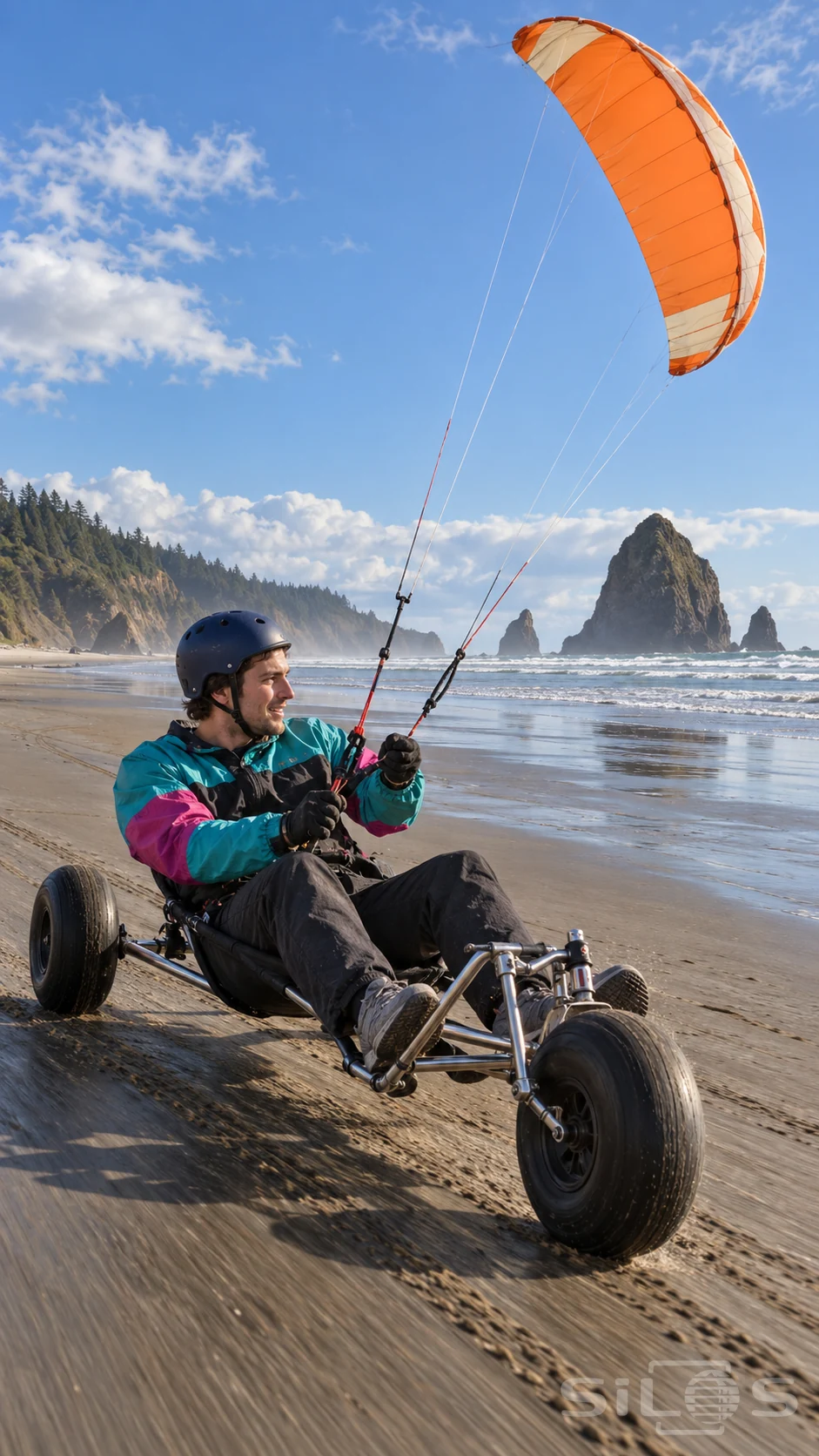 A helmeted rider steers a beach kite buggy beneath an orange foil kite beside sea stacks and white surf.