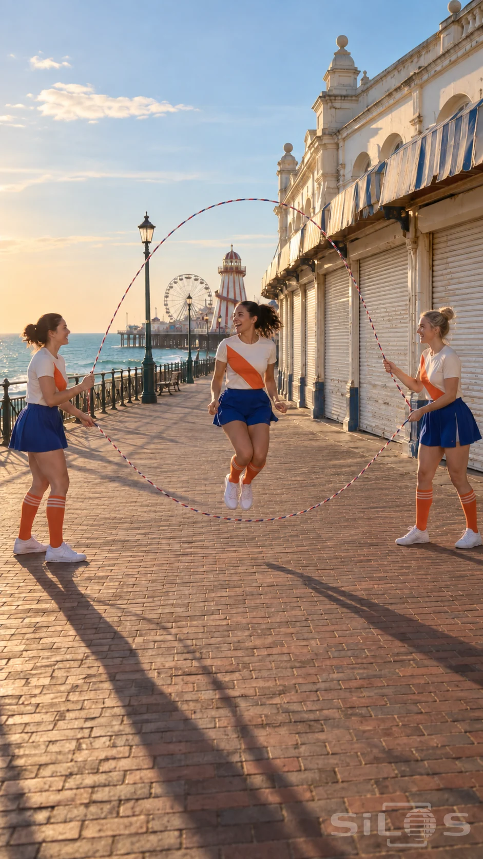 Double Dutch with three adult women, striped ropes and orange socks beside a closed seaside arcade in evening sunlight.