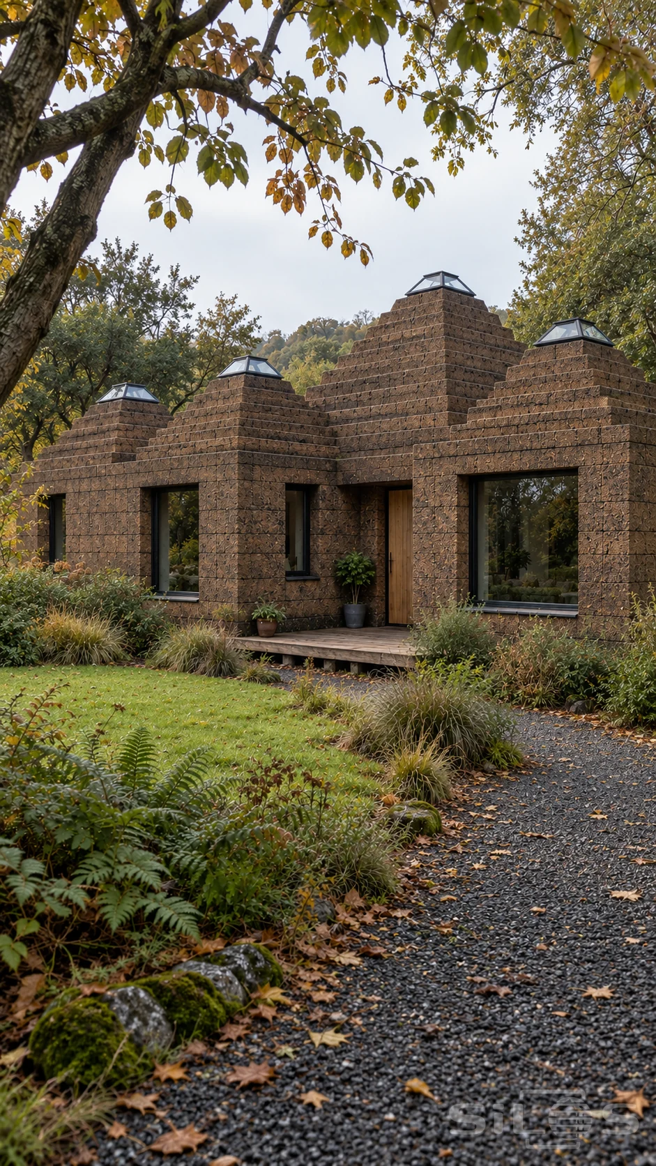 Brown cork house with four stepped pyramid roofs and small glazed roof caps, surrounded by an autumn orchard garden.