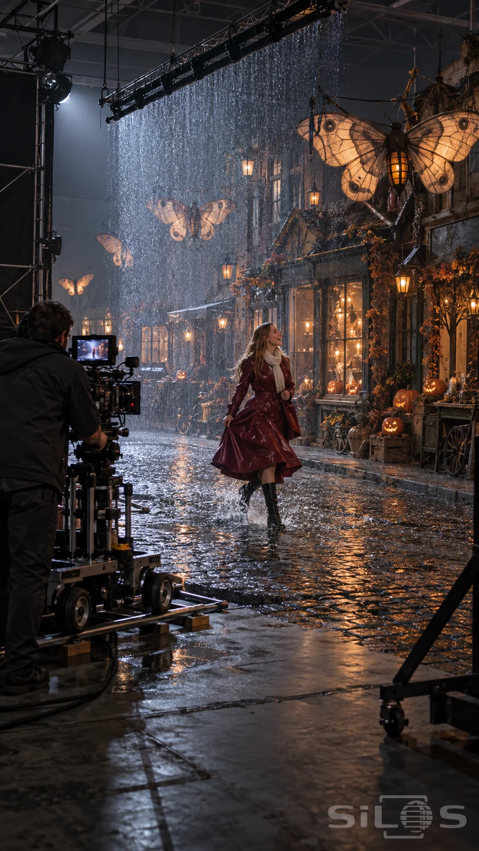 A movie rain set with falling water over a street, an actress in a burgundy coat and a camera beside the stage edge.