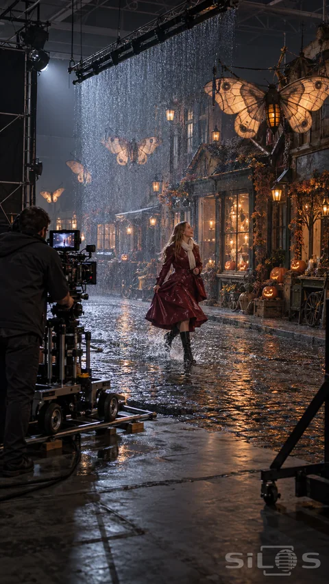 A movie rain set with falling water over a street; an actress in a burgundy coat and a camera beside the stage edge.