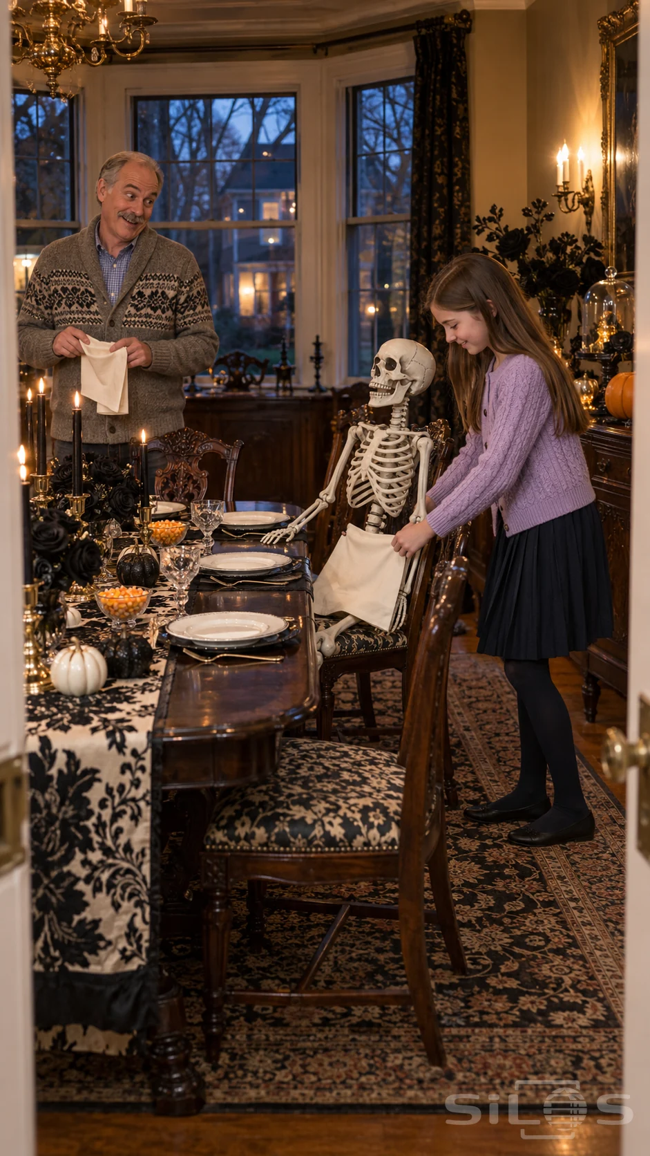 A girl sets an ivory napkin on a skeleton guest while her father watches beside black roses and candlelit dinnerware.