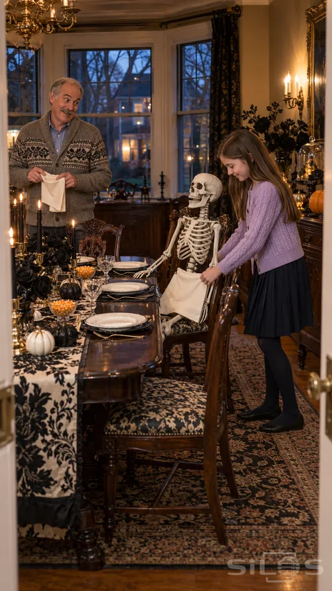 A girl sets an ivory napkin on a skeleton guest while her father watches beside black roses and candlelit dinnerware.