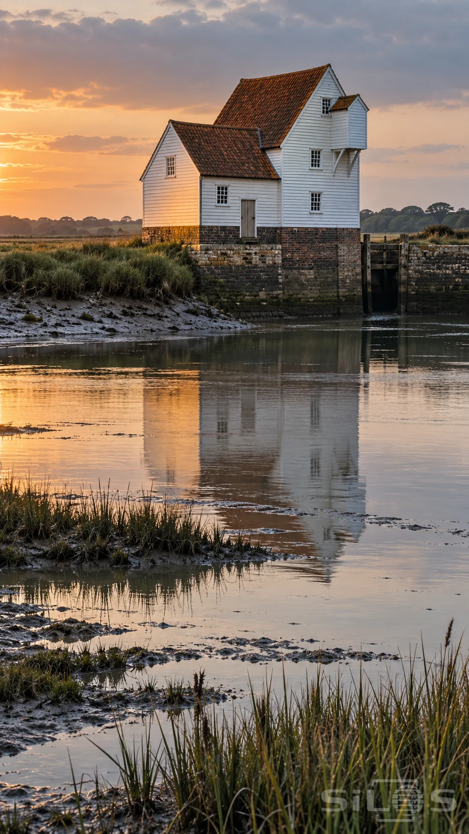 Tide mill in warm evening light above a shallow estuary with white clapboard and a broken marsh reflection.