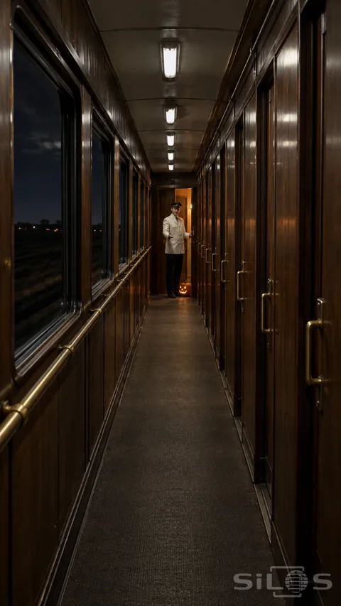 Centred view down a walnut train corridor toward a white-jacketed conductor; open door and small glowing pumpkin.