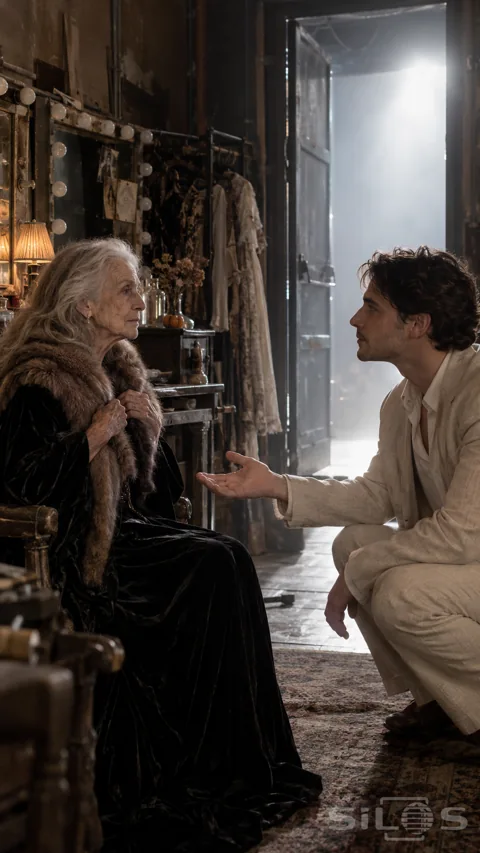 An elderly actress in black velvet faces a kneeling young man with an open hand in a dim theatre dressing room.