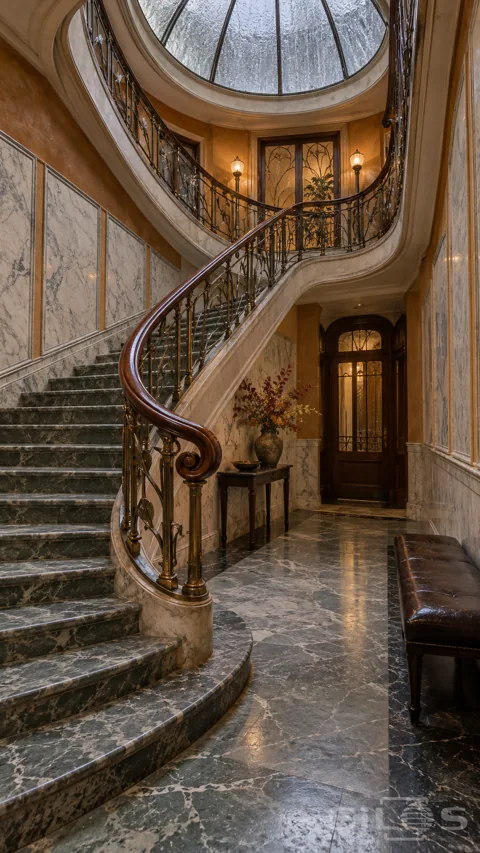 Curved green marble staircase with a mahogany handrail and delicate metal vine balustrade beneath an oval glass roof.