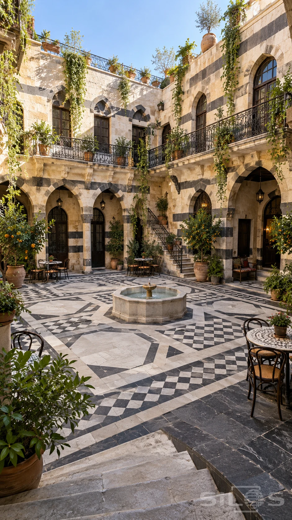 Ivory and charcoal stone arcades surround an open courtyard with iron balconies, patterned paving, orange trees and a fountain.