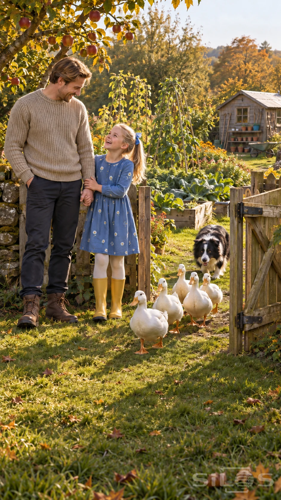 Duck herding at a garden gate, with a border collie behind white ducks and a smiling father beside his daughter in yellow boots.