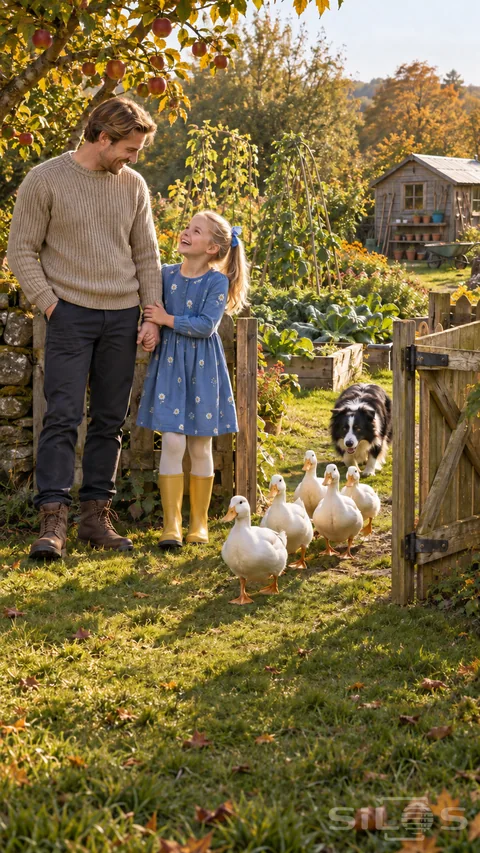 Duck herding at a garden gate; with a border collie behind white ducks and a smiling father beside his daughter in yellow boots.