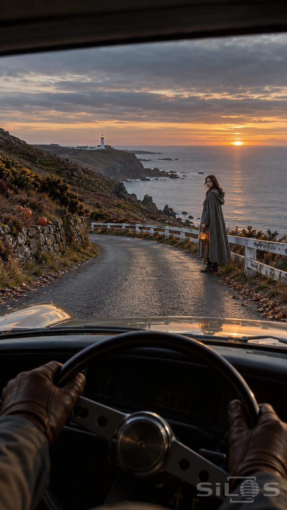 A grey-cloaked woman holds a glowing lantern beside a coastal road seen through a car windscreen at sunset.