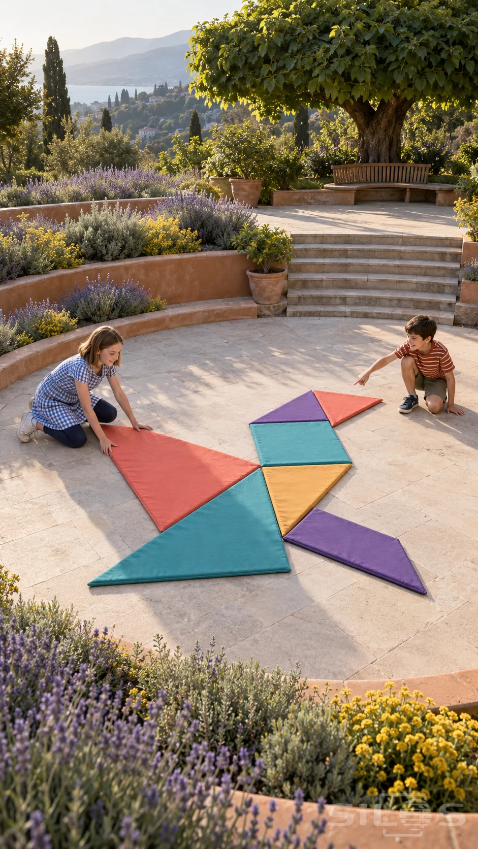 Two children arrange a large tangram bird from colorful padded shapes on a sunken terrace bordered by lavender and yellow flowers.