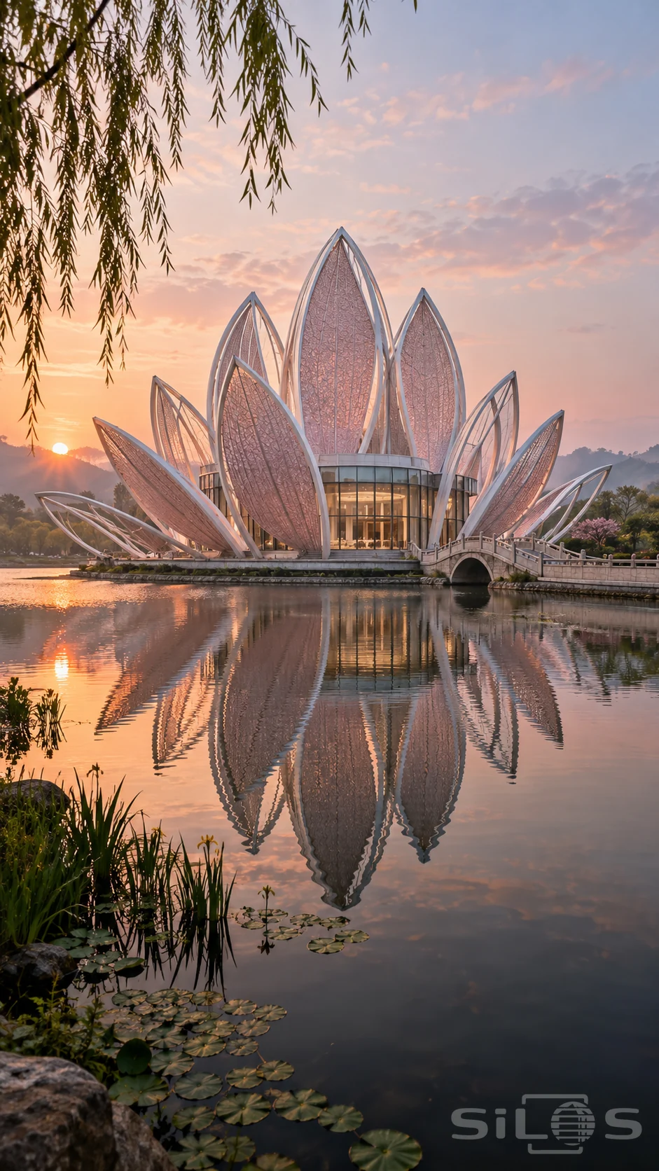 A pavilion shaped from tall pale pink petals stands beside a stone bridge, reflected in a lake beneath a soft sunrise.