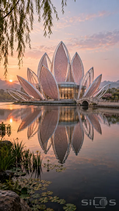 A pavilion shaped from tall pale pink petals stands beside a stone bridge; reflected in a lake beneath a soft sunrise.