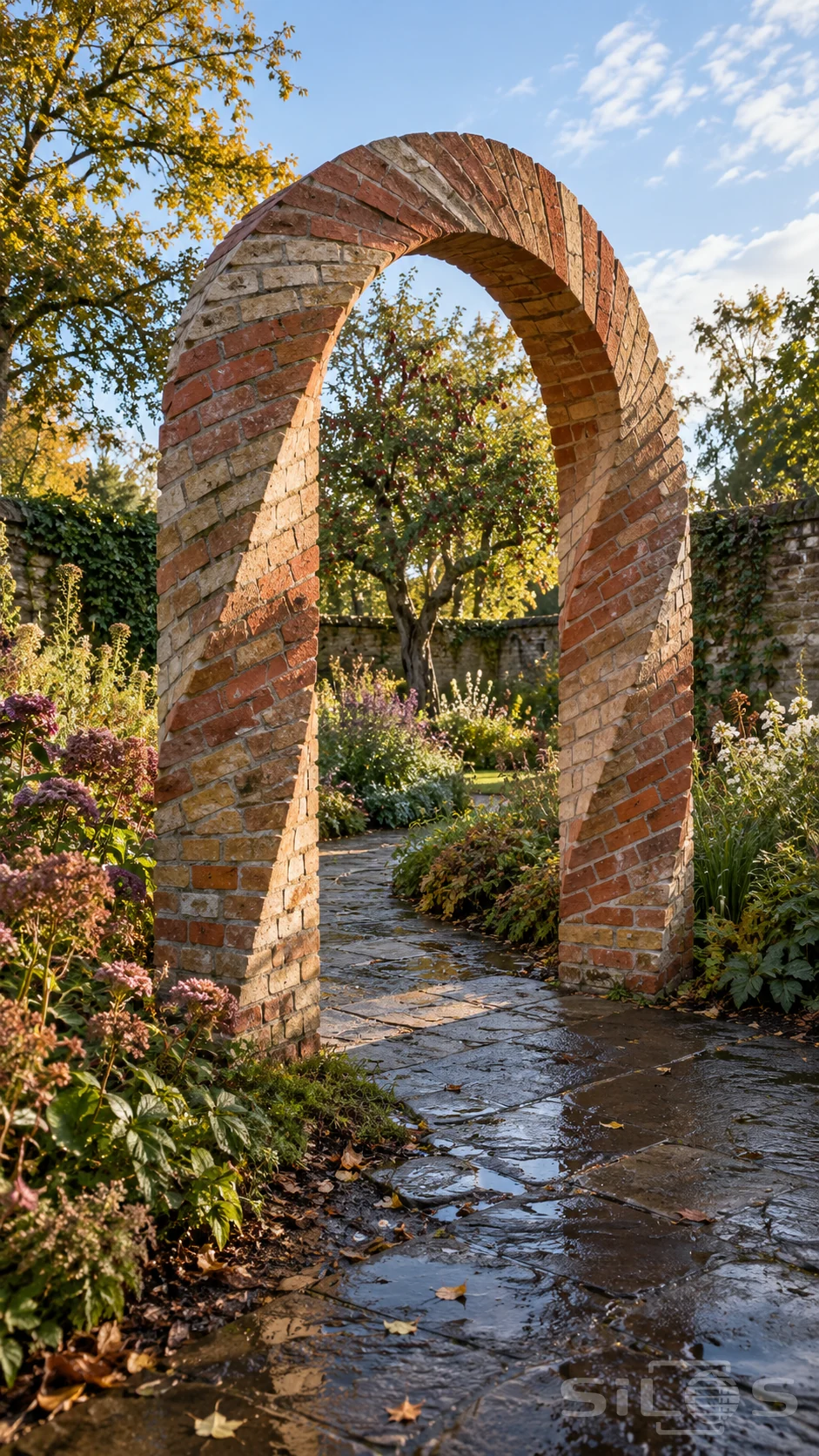 A freestanding arch of red and buff bricks twists around its opening above a wet path in a flowering garden.
