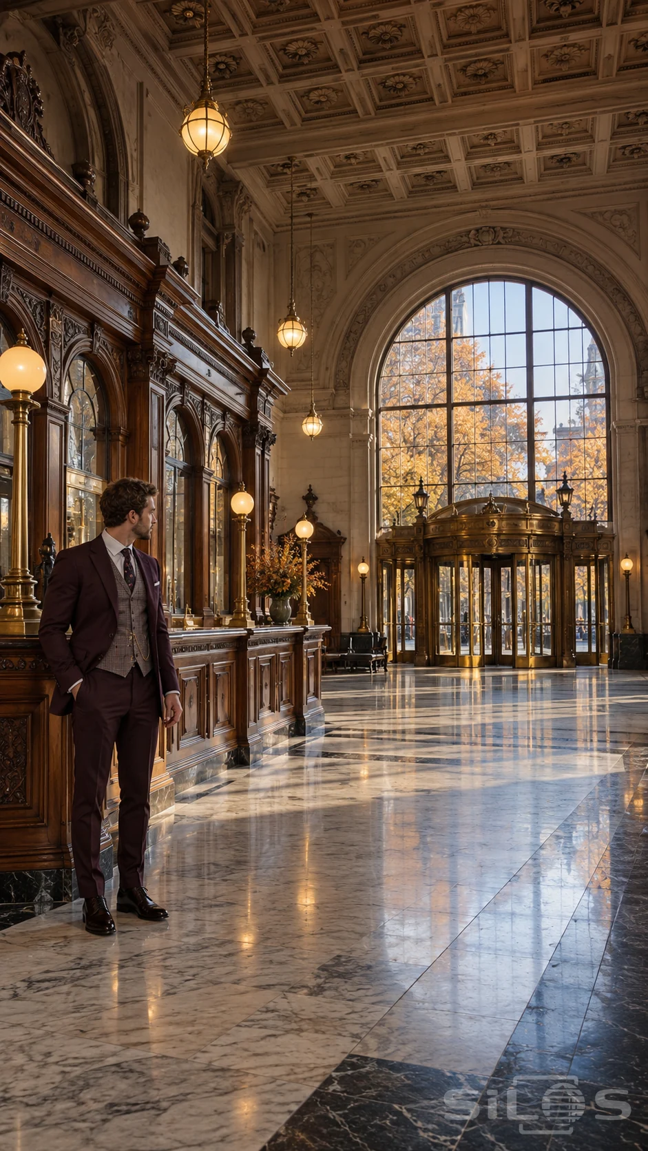 A man in a burgundy suit and checked waistcoat stands beside carved oak counters in a tall marble-floored hall.