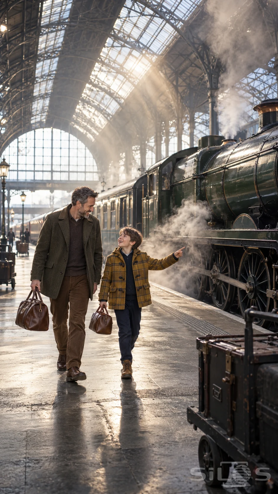 A father and young son carrying travel bags stand beside a green steam train beneath the high roof of a railway station.