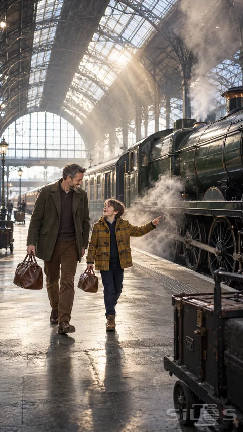 A father and young son carrying travel bags stand beside a green steam train beneath the high roof of a railway station.