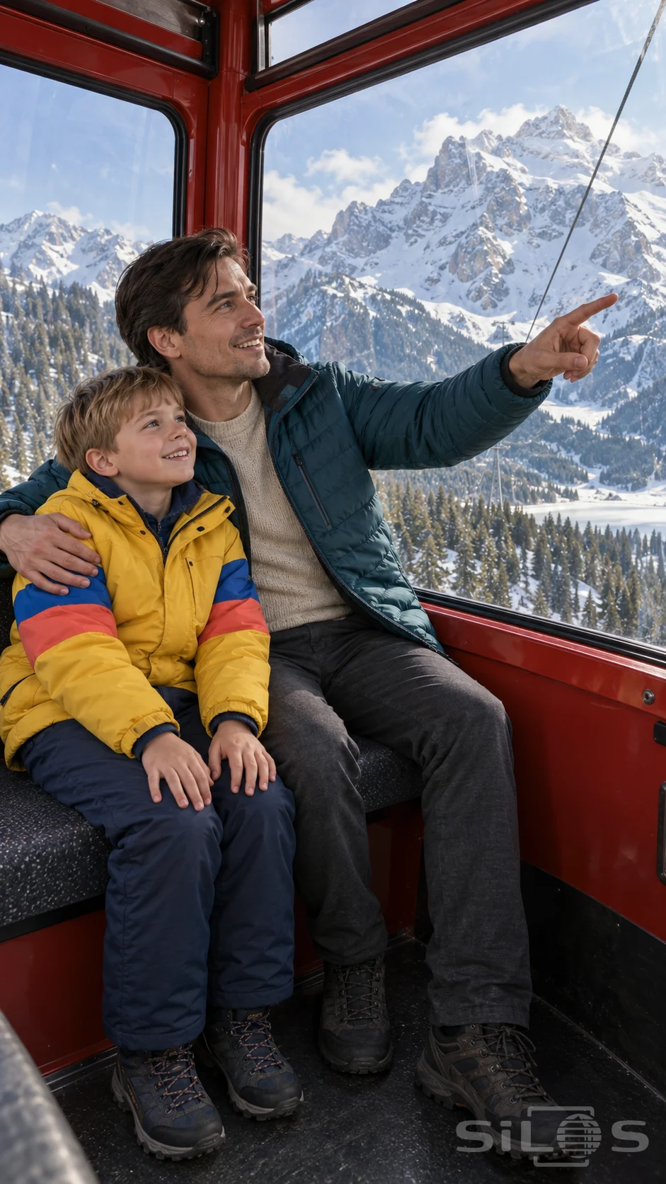A father and son share a cable car ride, sitting together inside a red cabin with snowy mountains beyond the window.