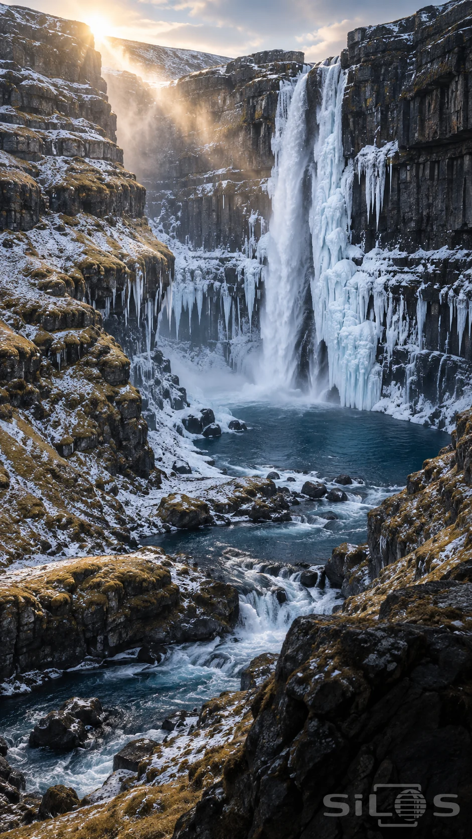 A partly frozen waterfall descends into a blue pool between dark basalt cliffs with light snow and ochre moss.