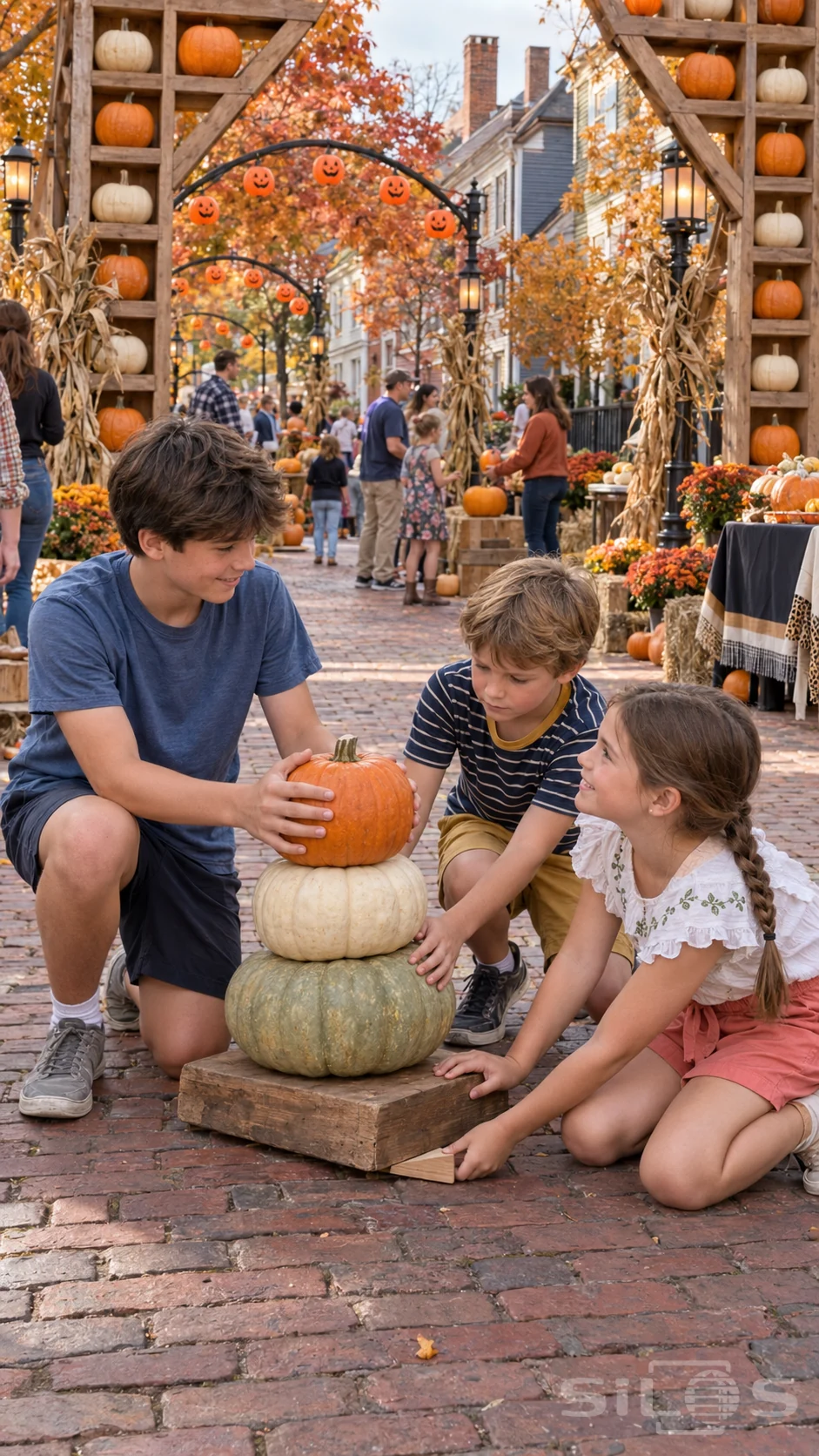 Three children steady a pumpkin tower while a girl slides a wooden wedge under its base in a decorated autumn street.