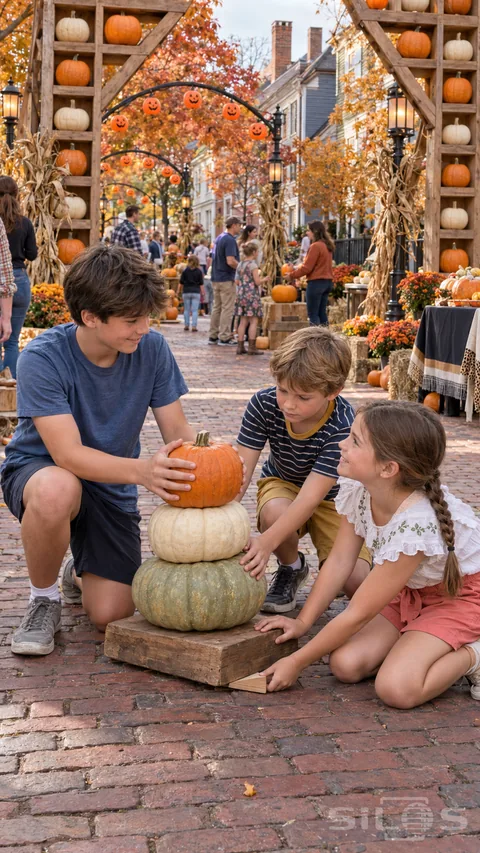 Three children steady a pumpkin tower while a girl slides a wooden wedge under its base in a decorated autumn street.