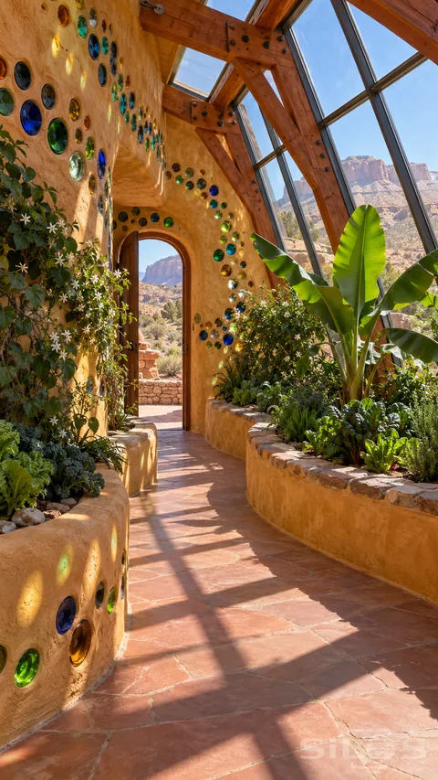 Earthship greenhouse with a sloping glass roof and adobe planting beds overlooking desert cliffs.