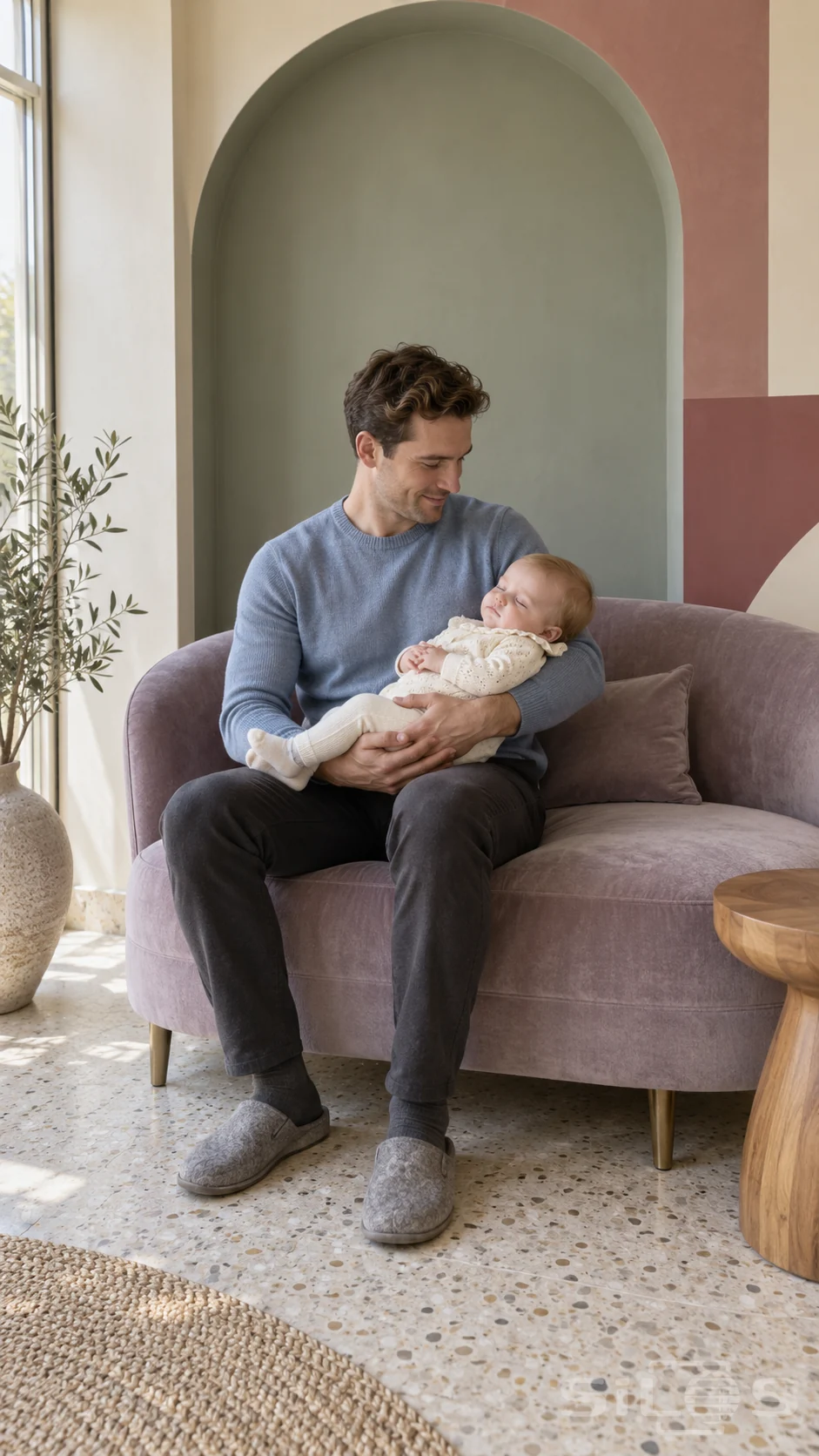 Baby nap in her father's supported arms and lap on a lavender curved settee beneath a sage-green arch.