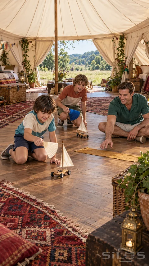 Two boys use paper fans in a sail cart race while their father watches beside a finishing strip inside a furnished canvas retreat.