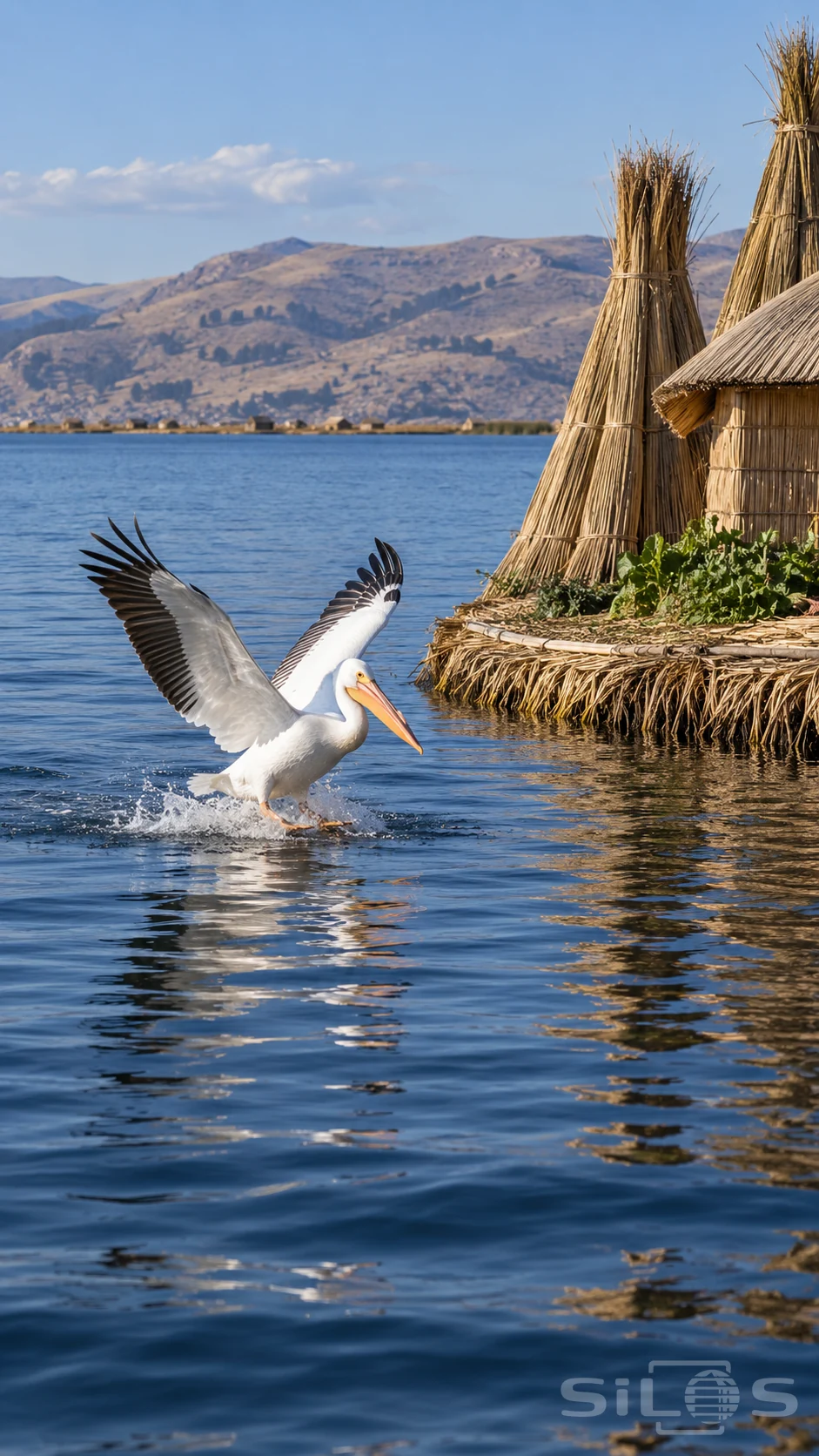 A white pelican lands with raised wings beside a floating reed garden, woven hut and tied reed stacks on a blue lake.