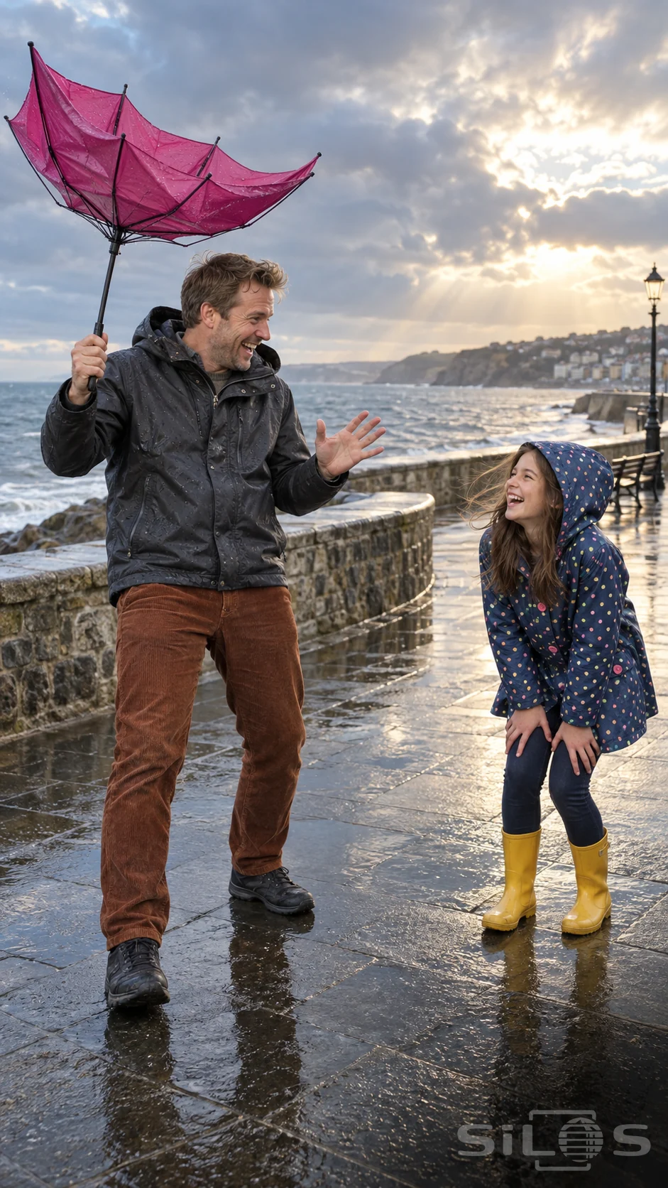A father holds an inside-out umbrella while his daughter laughs beside him on a wet seaside promenade.