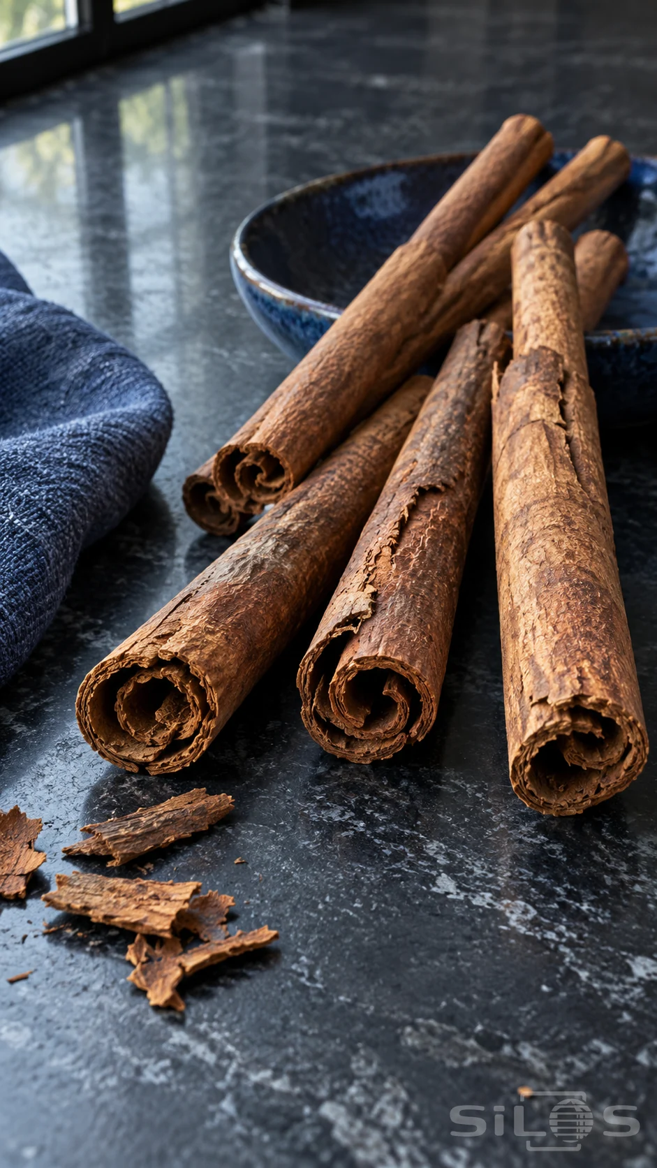 Cinnamon quills with curled bark ends lie on dark stone beside a blue ceramic dish and folded linen.