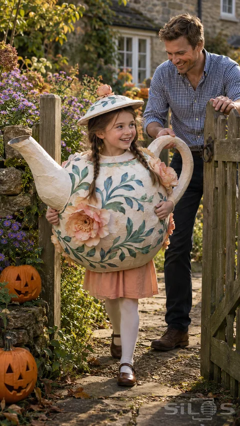 Flower teapot costume worn by a smiling girl turning sideways through an open garden gate while her father guides the large loop handle.