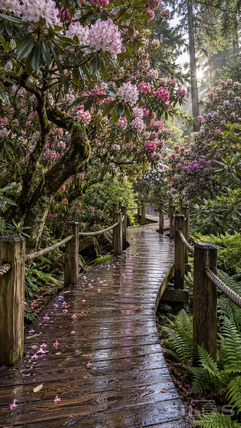 A rhododendron boardwalk rises on timber supports above ferns with rope rails and pink flower clusters under tall conifers.