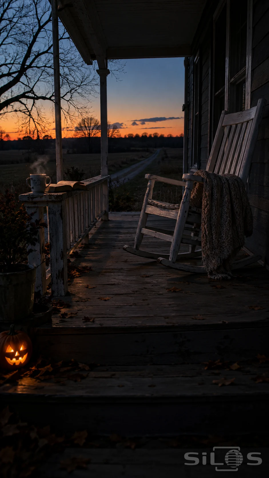 An empty white rocking chair with a knitted blanket stands on a dark farmhouse porch beside steaming tea and an open book.