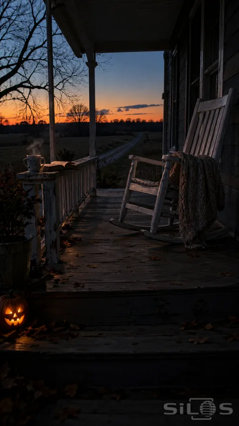 An empty white rocking chair with a knitted blanket stands on a dark farmhouse porch beside steaming tea and an open book.