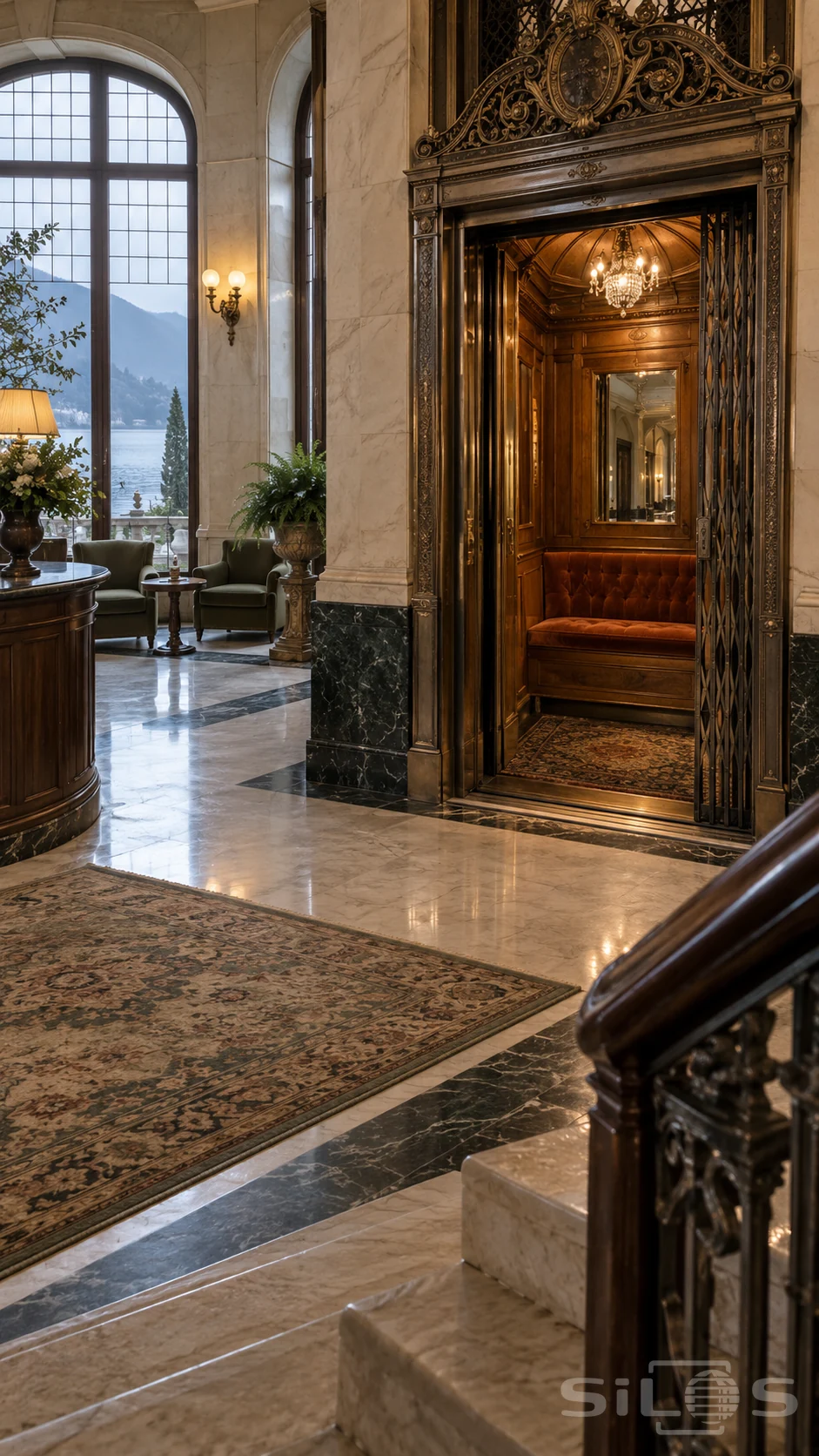 An ornate open lift with walnut panels, rust velvet bench and crystal chandelier in a pale stone lobby beside lake windows.
