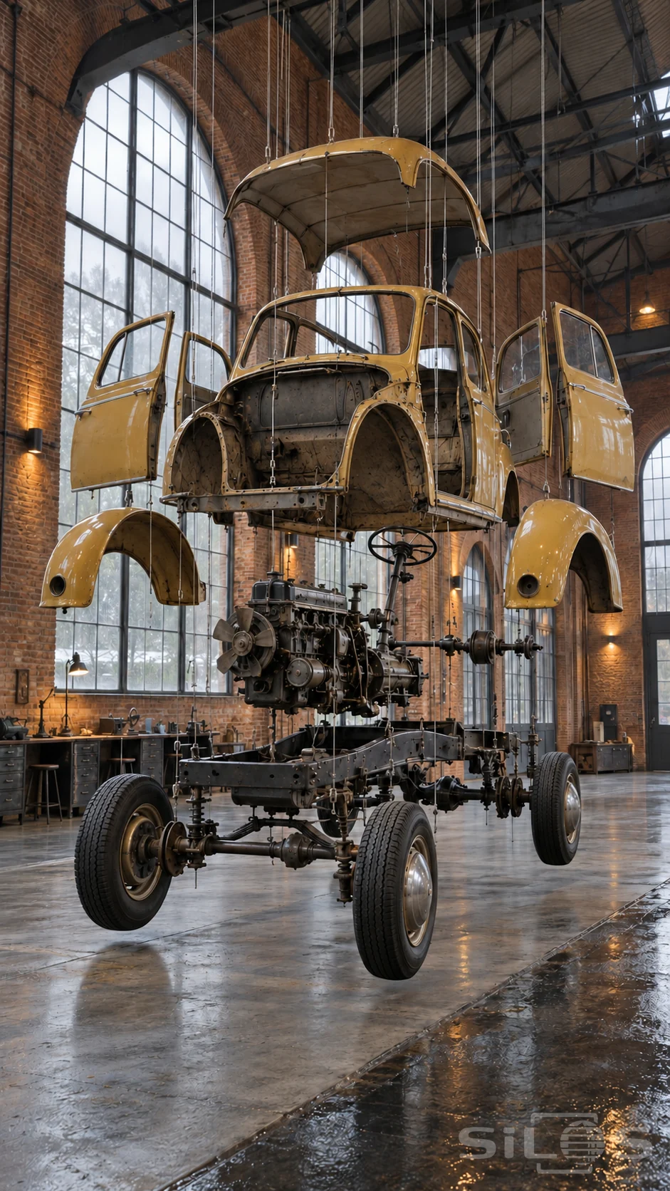 An ochre car hangs in separated body and mechanical layers inside a tall brick hall.