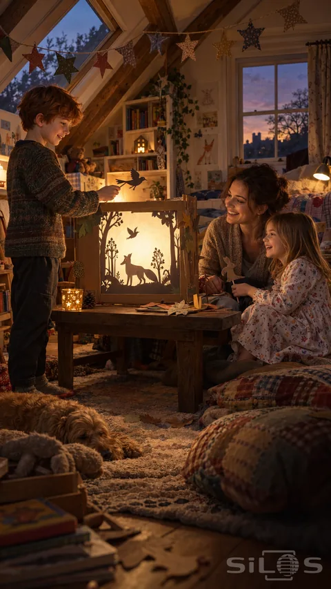 A shadow puppet theatre on a low attic table; with two children and their mother among patchwork cushions; paper animals and fabric star bunting.