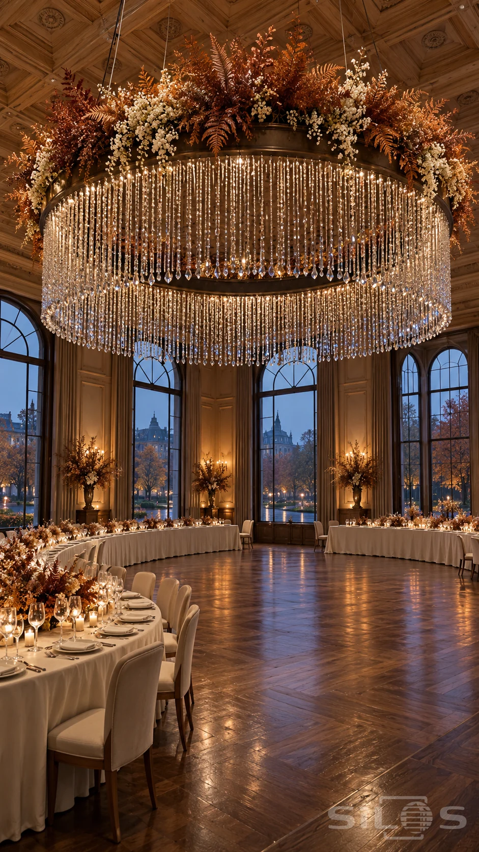 A large crystal fringe chandelier crowned with copper ferns and white flowers hangs above curved banquet tables at blue hour.